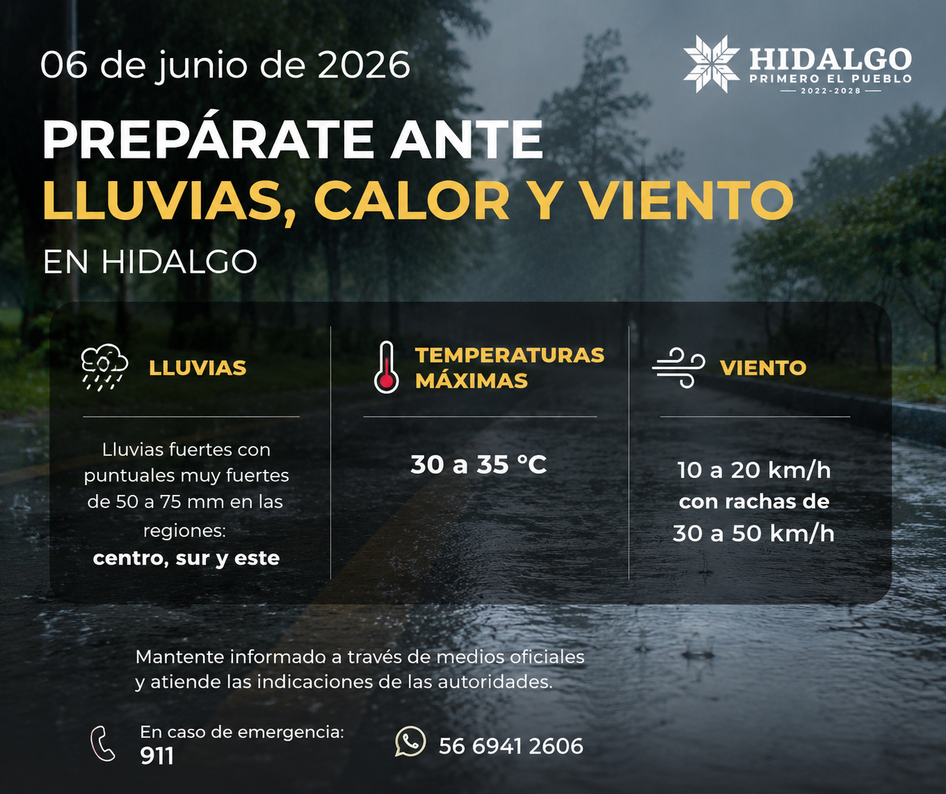 Alertan por lluvias intensas, altas temperaturas y fuertes vientos en Hidalgo